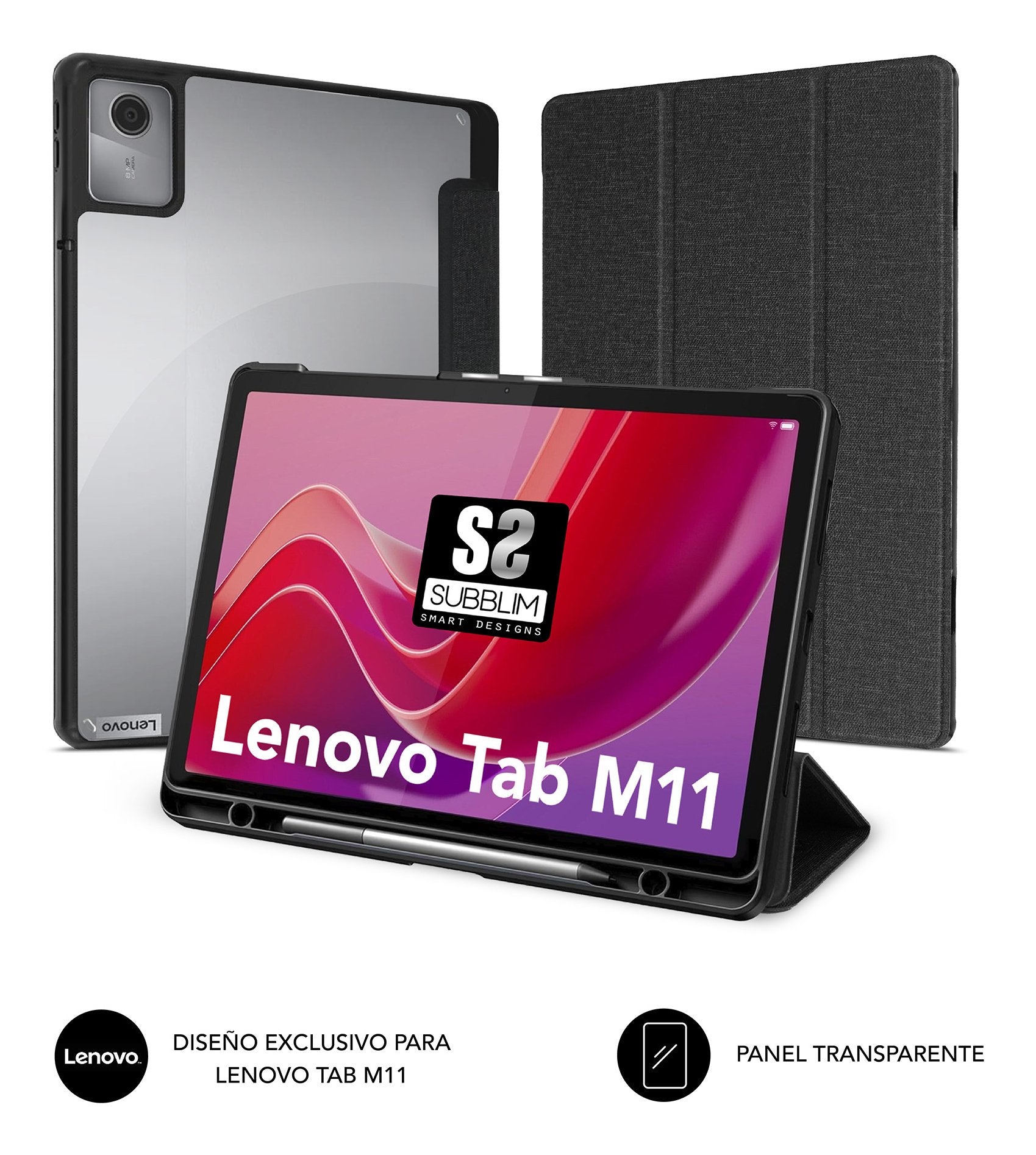 Funda Tablet Clear Shock Lenovo M11 11'' Negro Subblim Exclusiva Para Lenovo Tab M11/ Soporte Para Lenovo Pen/ Panel Transparente/ Función Atril