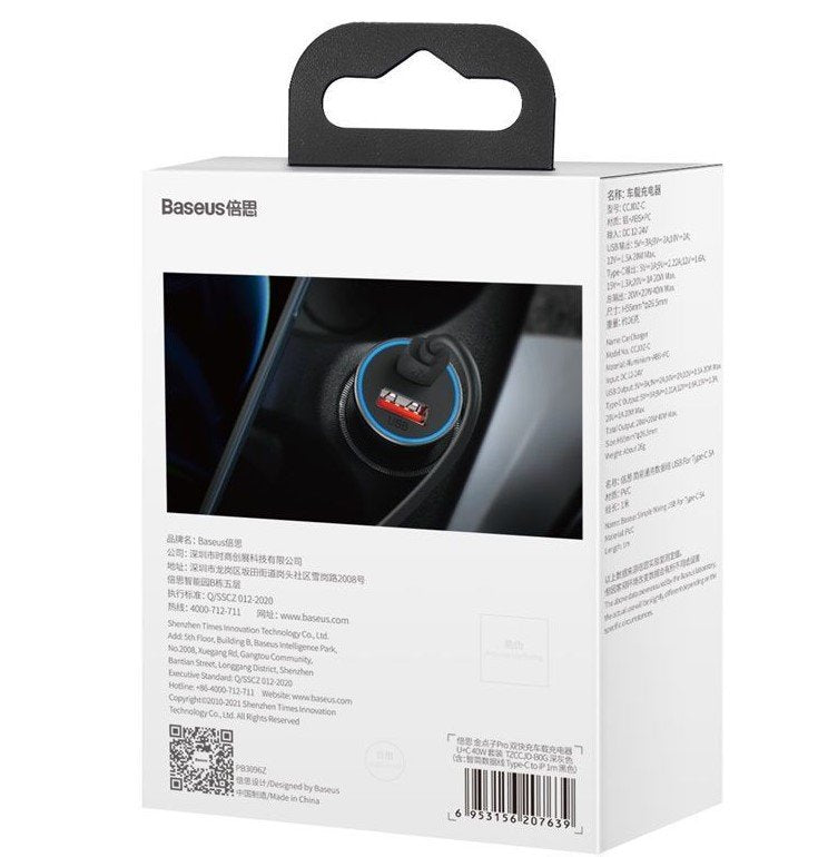 Ladowarka Samochodowa Baseus Golden Contactor Pro, Usb + Usb-C, Qc4.0+, Pd, Scp, 40w (Szara) + Kabel Usb-C Do Ip 1m (Czarny)