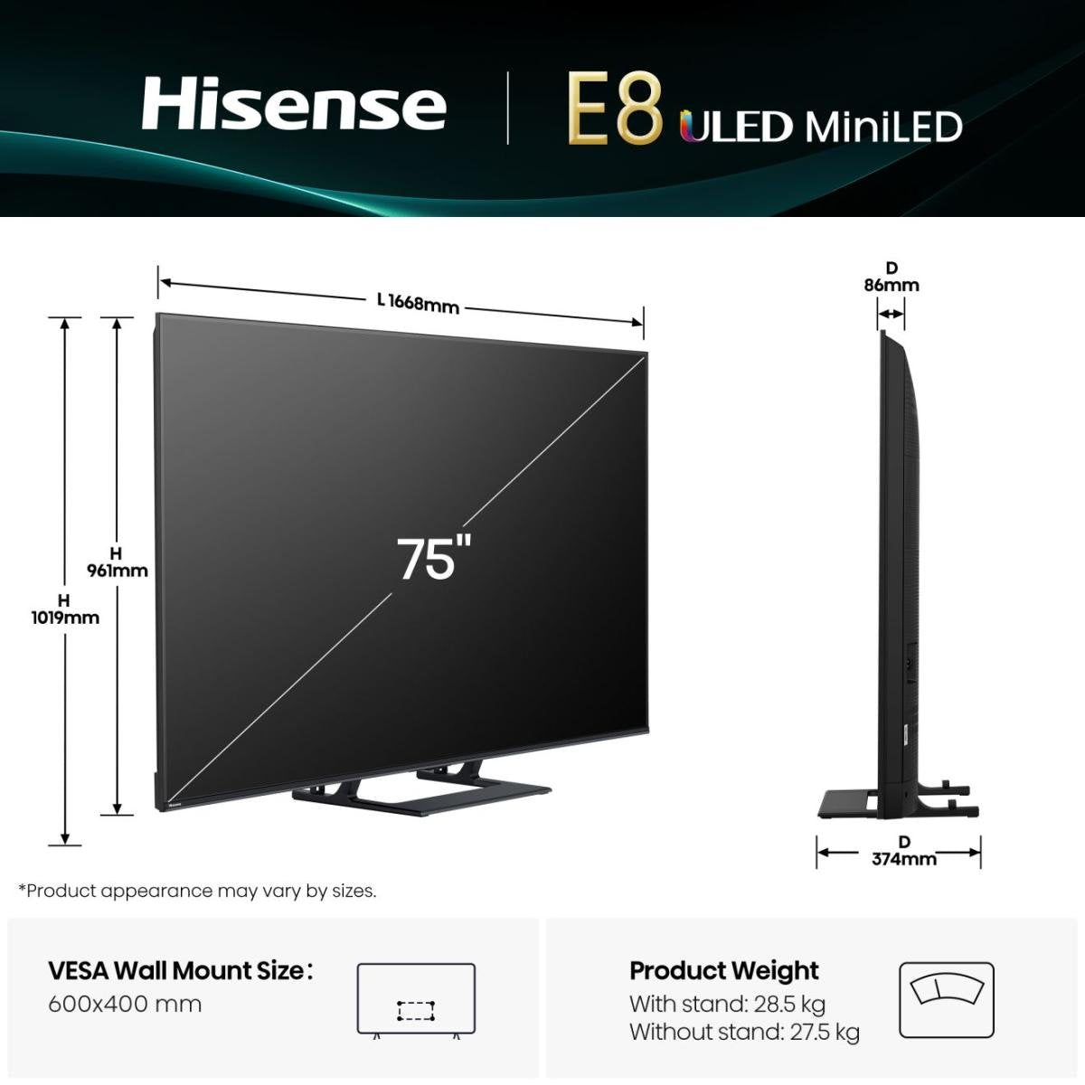 EAN 6942351420059 - Hisense 75E8Q 190,5 cm (75") 4K Ultra HD Smart TV Wifi Negro, Gris 600 cd / m² imagen 2
