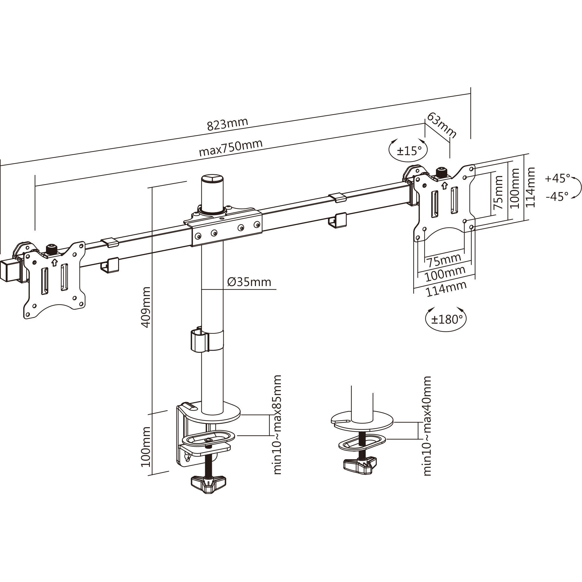 Inline® Desk Bracket For 2x Tv / Led / Tft Display Up A 81cm 32", Max. 9kg