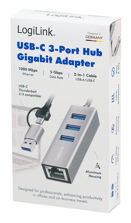Hub Usb 3.2 Gen 1, 3 Puertos Usb-A, 1 Puerto Rj45, Cable De Conexión 2 En 1, Plateado