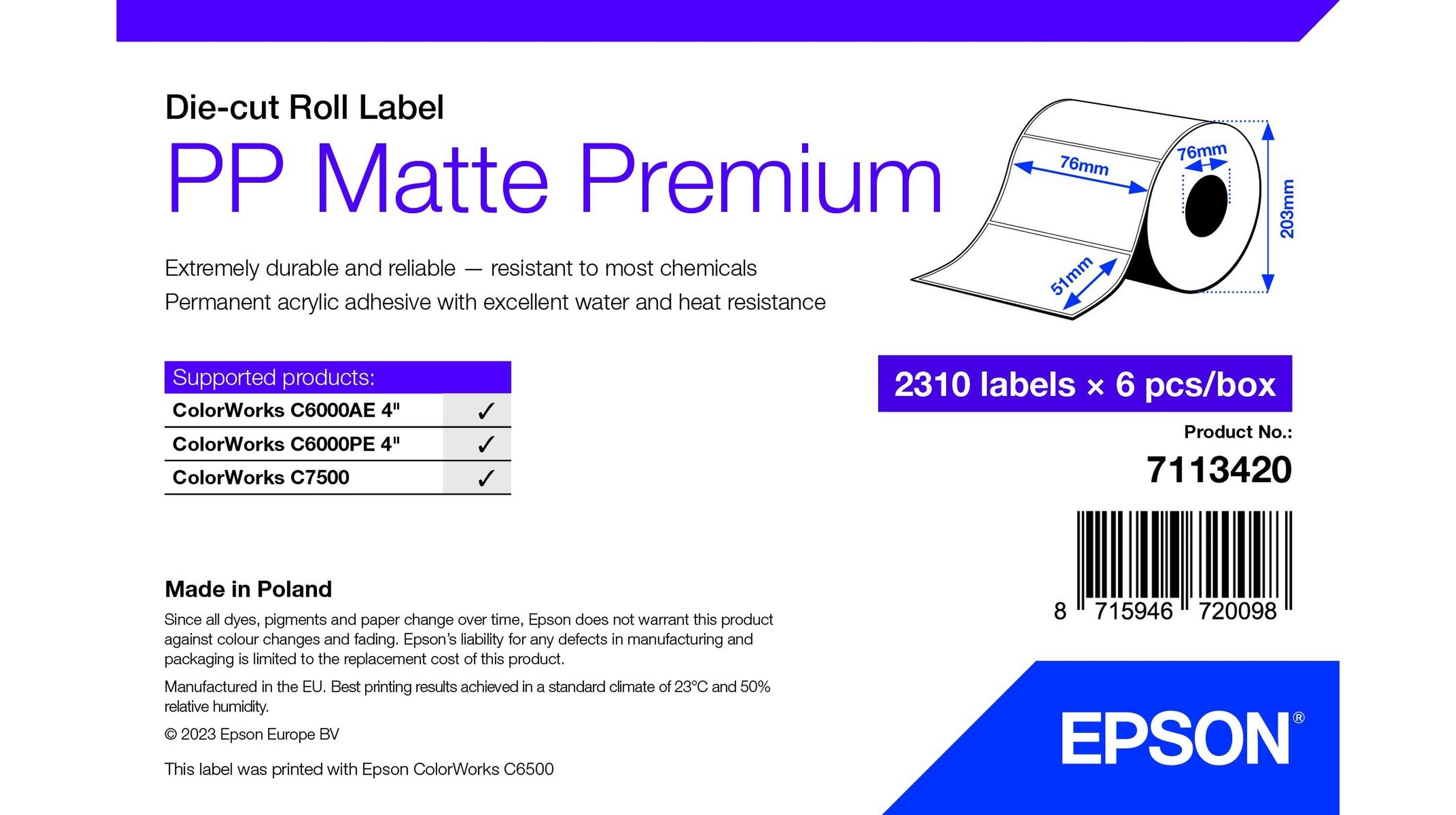 Pp Matte Label Prem Die-Cut Supl Roll 76x51mm 2310 Labels