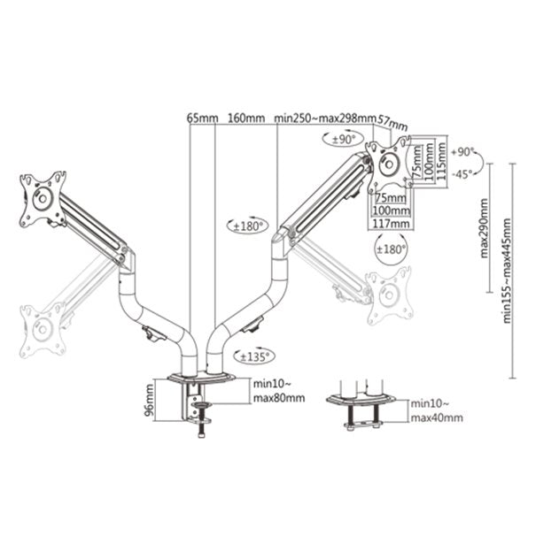 Gembird Ma-Da2-02 Adjustable Desk 2-Display Mounting Arm Tilting 17-32" Up To 8 Kg