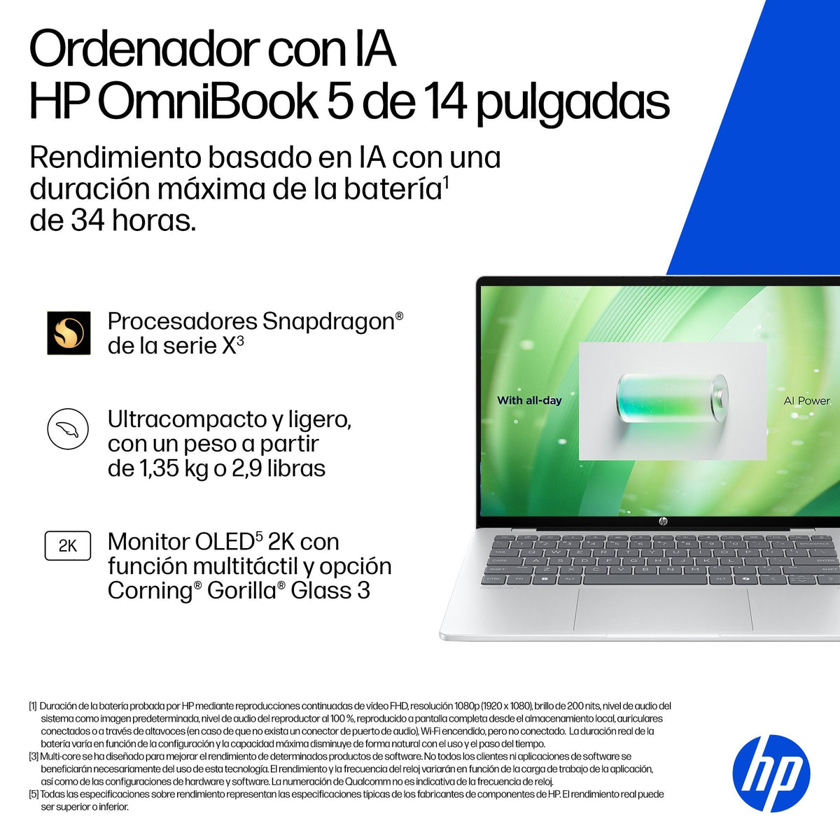 Portátil Hp Omnibook 5 Next Gen Ai 14 He0016ns Copilot+ Pc 14" 2k Snapdragon X Plus X1p 42 100 45 Tops 32gb Ram 1tb Ssd W11h Sin Cargador