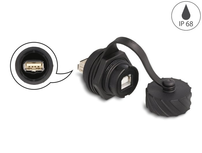 Delock 88010 Conector De Cable Usb 2.0 Tipo-B Hembra A Usb 2.0 Tipo-A Hembra Para Instalación Con Bayoneta Tapa Protectora Ip68 Resistente Al Polvo Y Al Agua Negro
