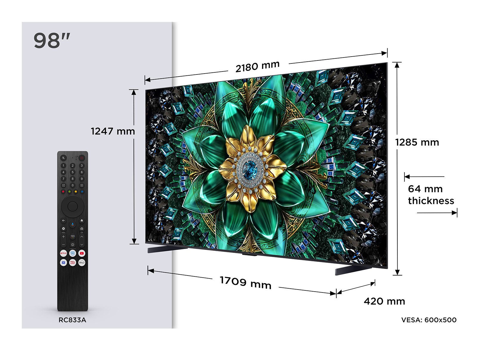 Tcl 98q6c Mini-Led (247.7 Cm (98 Zoll), Negro, Ultrahd/4k, Google Tv, Triple Tuner, 144hz Panel) 98q6c
