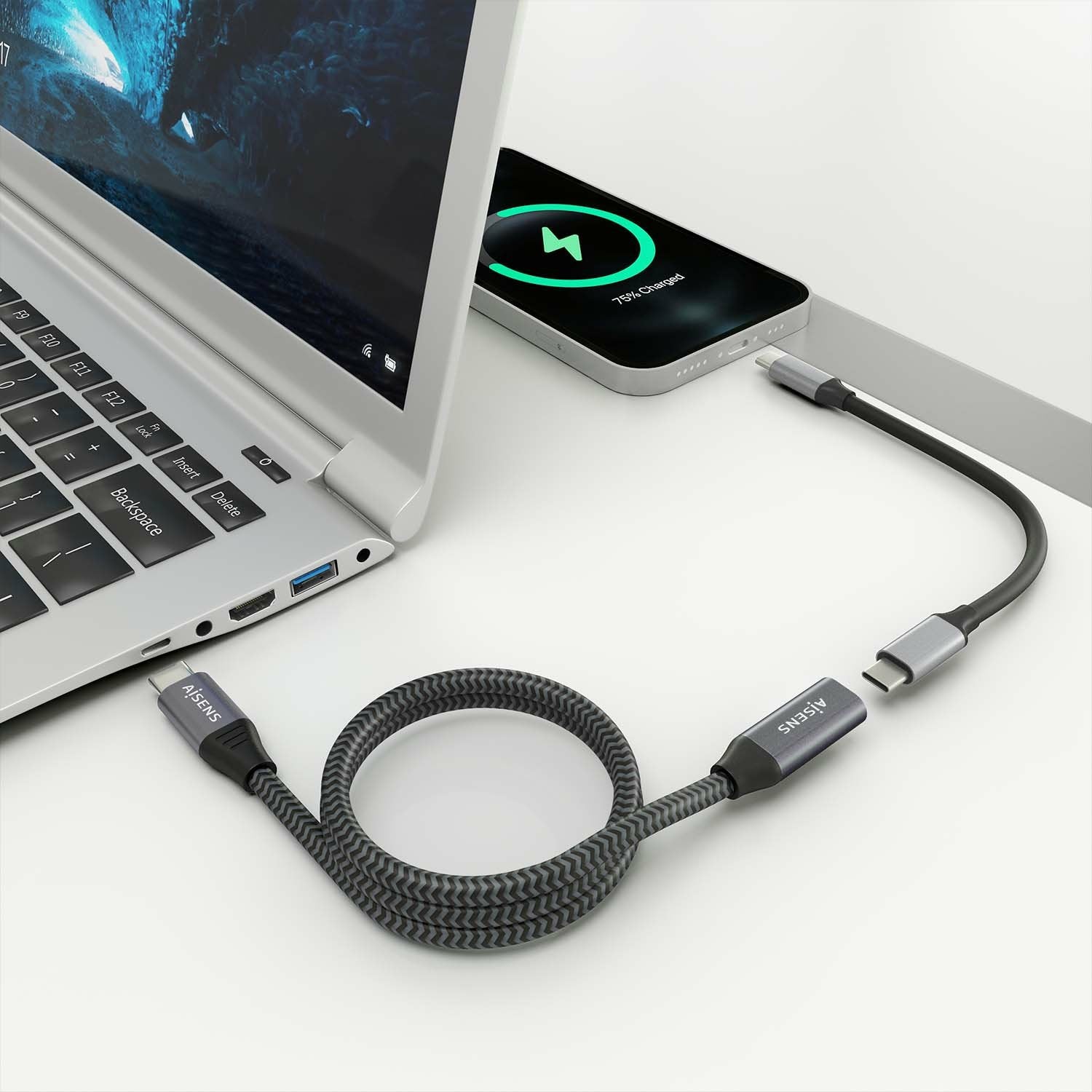 Aisens Cable Usb 3.2 Gen2x2 Aluminio 20gbps 8k@30hz 5a 100w - Tipo Usb-C/M-Usb-C/H - 2m - Gris