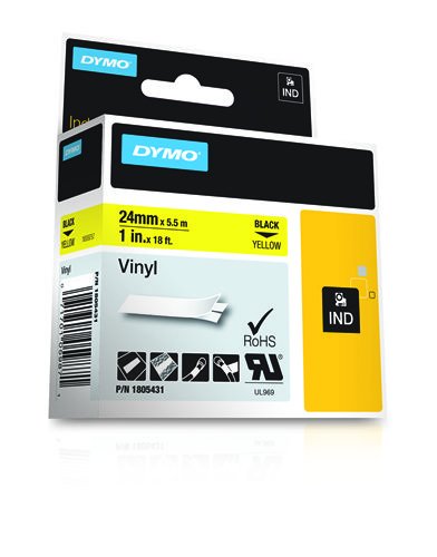Dymo Rhino Cinta De Etiquetas Industrial Adhesiva Id1-24, Negro Sobre Amarillo De 24mmx5´5m, Vinilo