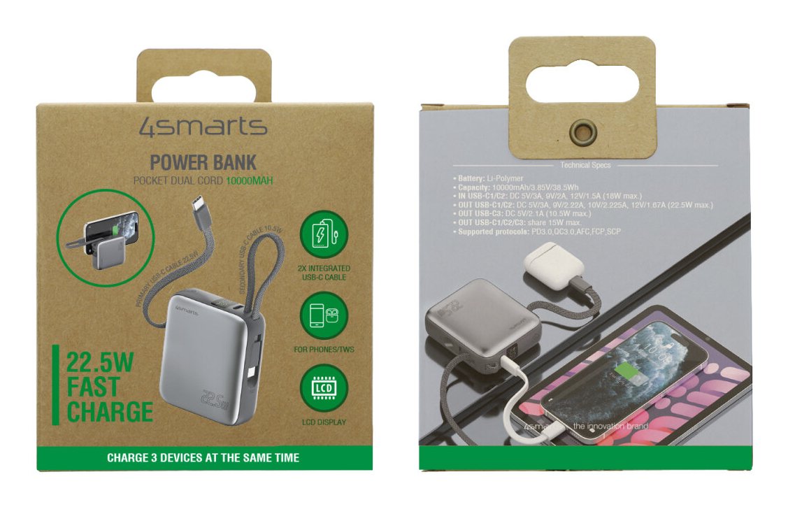 4smarts Powerbank Pocket Dual Cord 10000mah 22.5w, Spacegrau