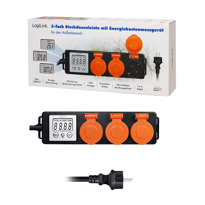 Regleta De Enchufes Exterior De 3 Vías, Medidor De Consumo Energético, Ip44, Pantalla Lcd De 2,0" Y Tapas Protectoras.