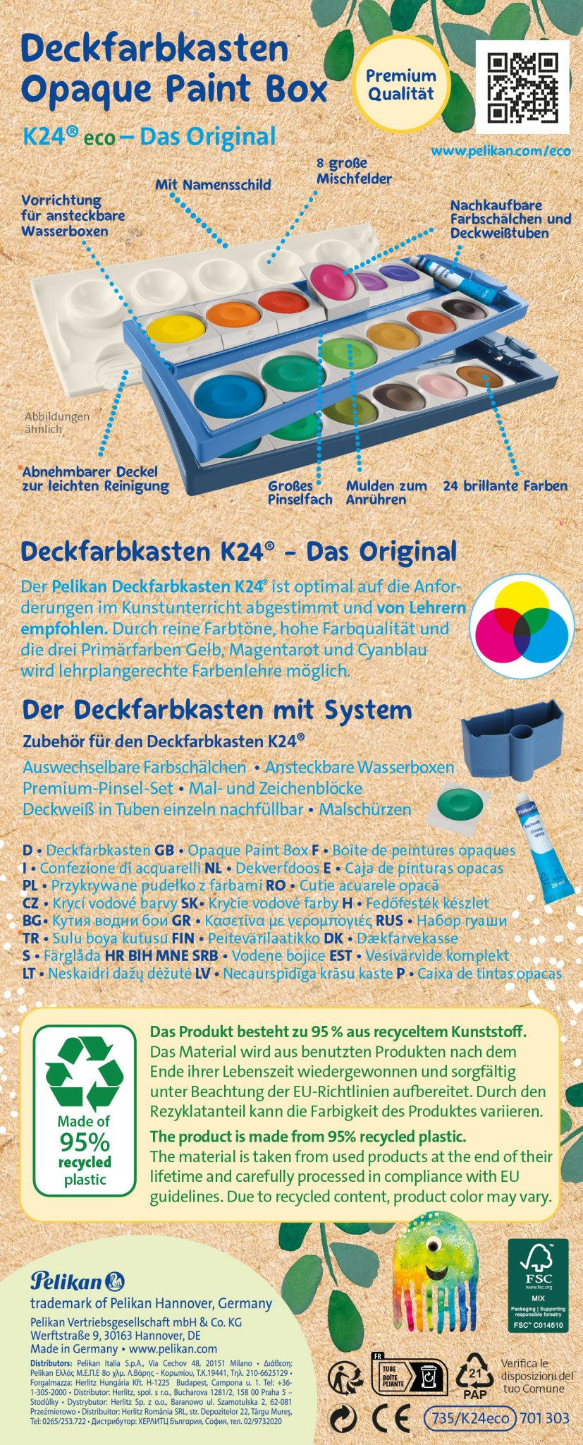 Pelikan K24 Eco 701303 - Caja De Pintura (24 Colores, Plástico Reciclado), Color Blanco
