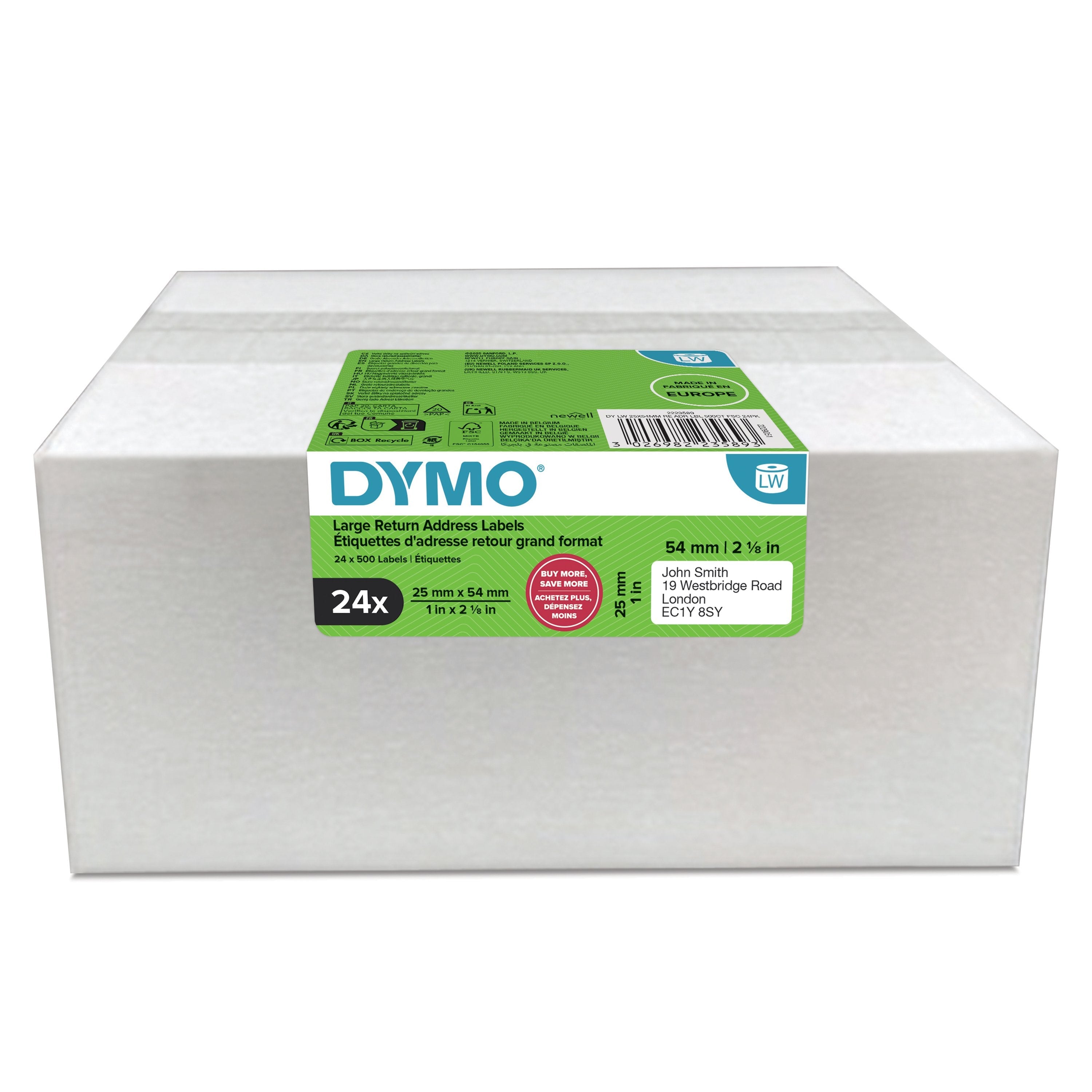 Dymo Labelwriter Original Etiquetas De Dirección De Remitente Grandes, 25 X 54 Mm 24 Rollos De 500 Etiquetas Cada Uno 2223589