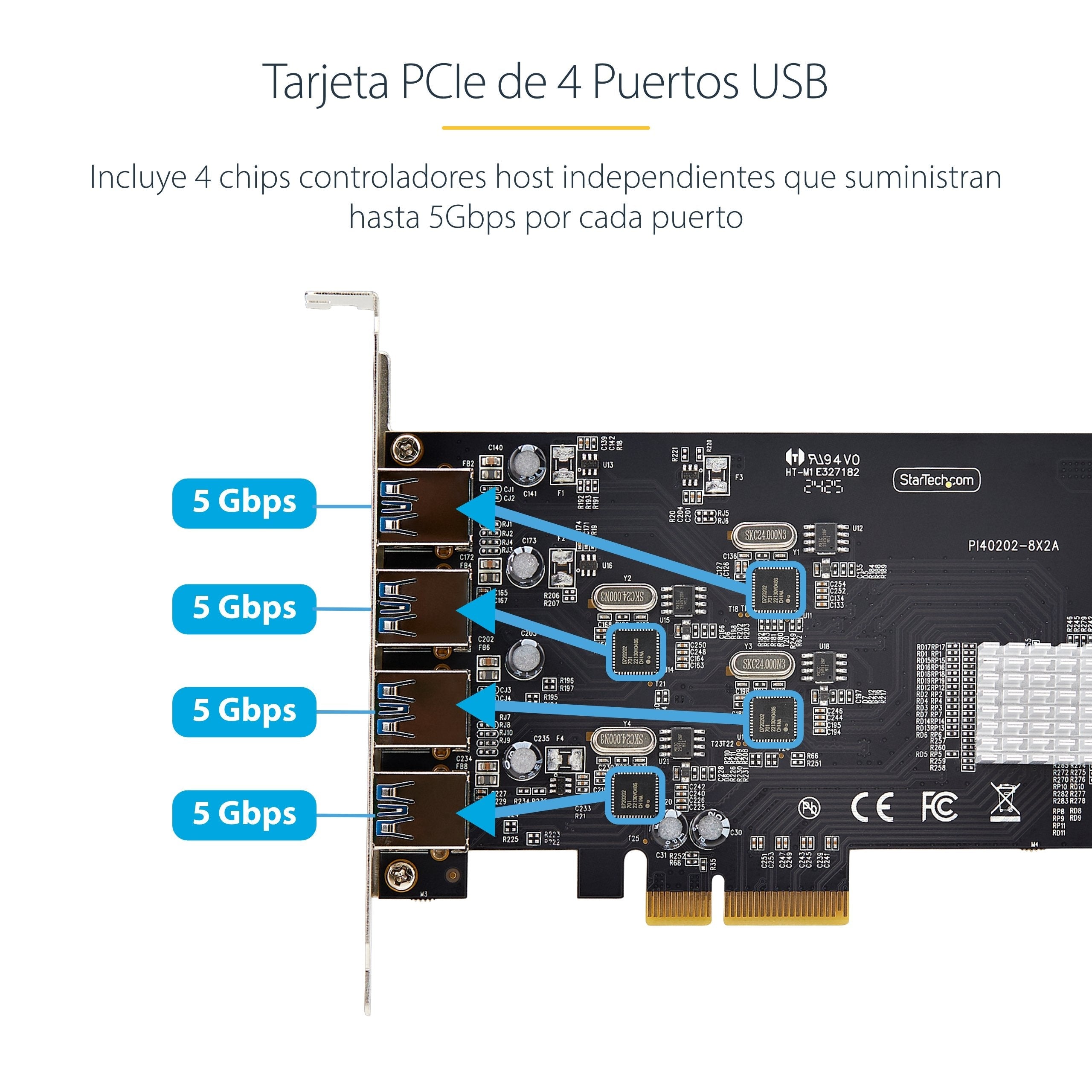 Startech.Com 4-Port Usb-A Pcie Card, Usb 3.2 5gbps, 4x Usb Controllers - Usb-Adaptador - Pcie 2.0 X4 - Usb 3.2 Gen 1 X 4