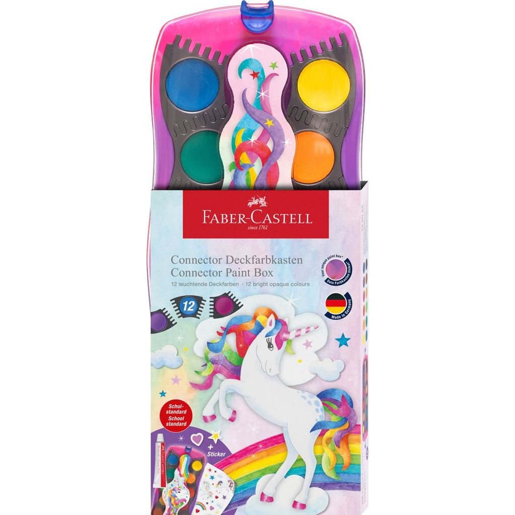 Faber-Castell Connector Unicornio Pack De 12 Acuarelas En Pastilla + Pintura Blanca Opaca + Pegatinas - Gran Opacidad -
