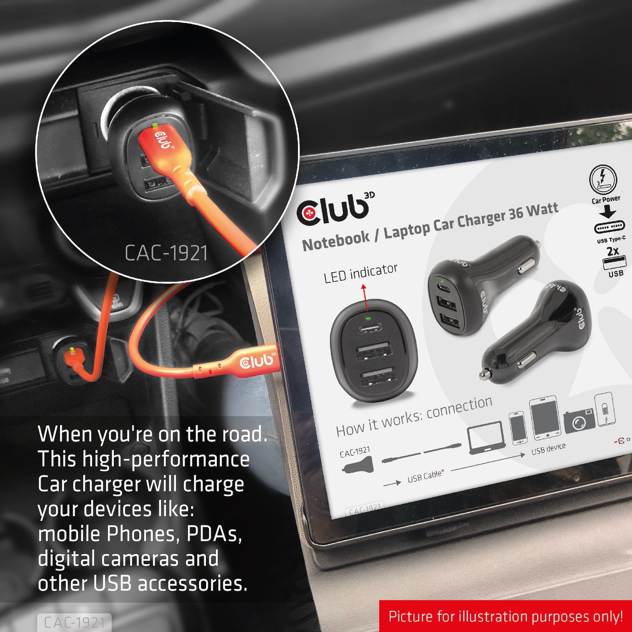 Cargador De Coche Usb Club3d 1xusb C, 2xusb A, 36w, 12 24v