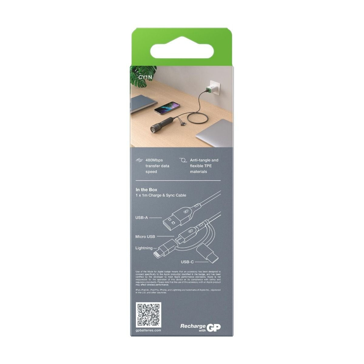 Gp Batteries Cy1n Cable Usb 1 M Usb A Usb C/Micro-Usb B/Lightning Gris