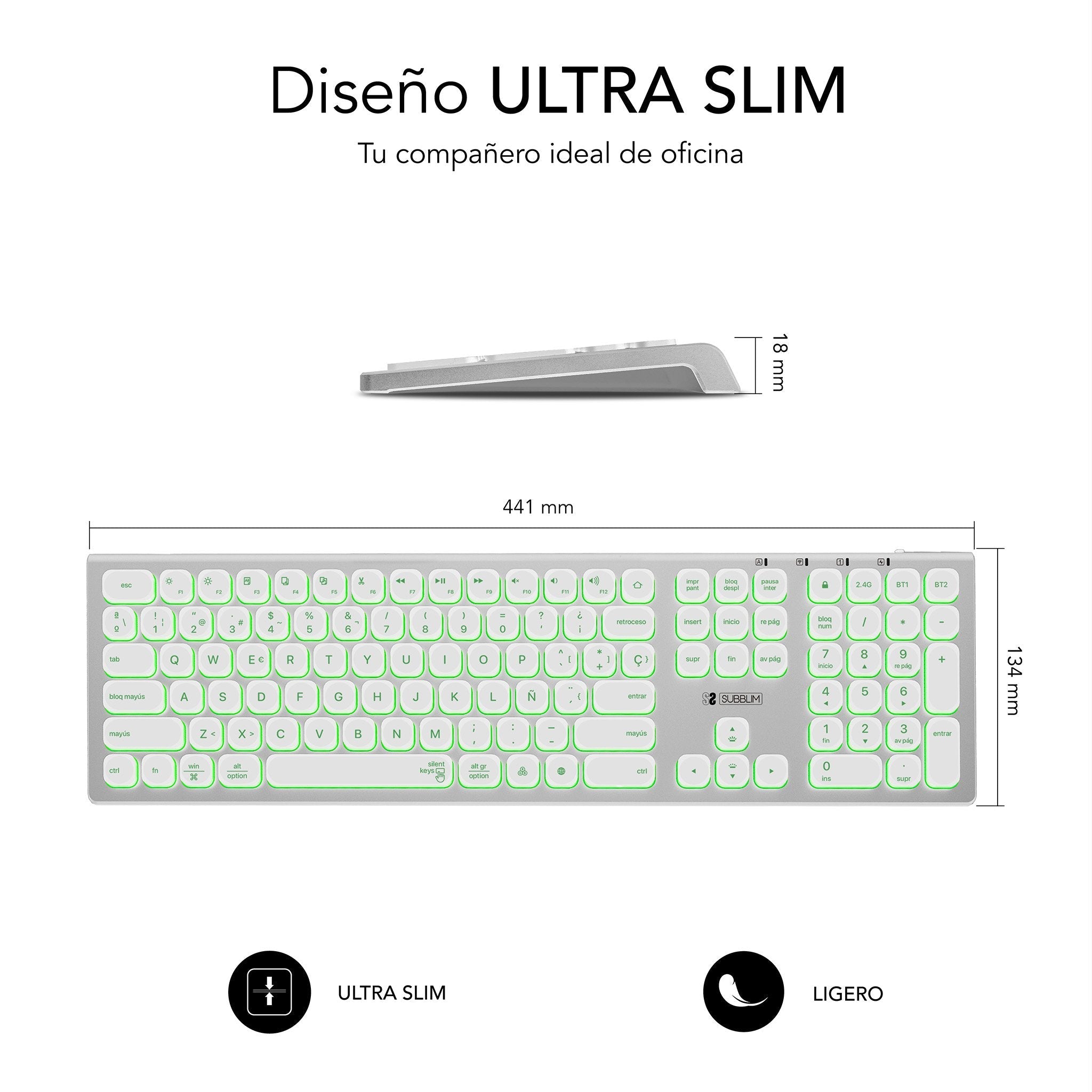 Teclado Español Inalámbrico Subblim Master Plata Y Blanco