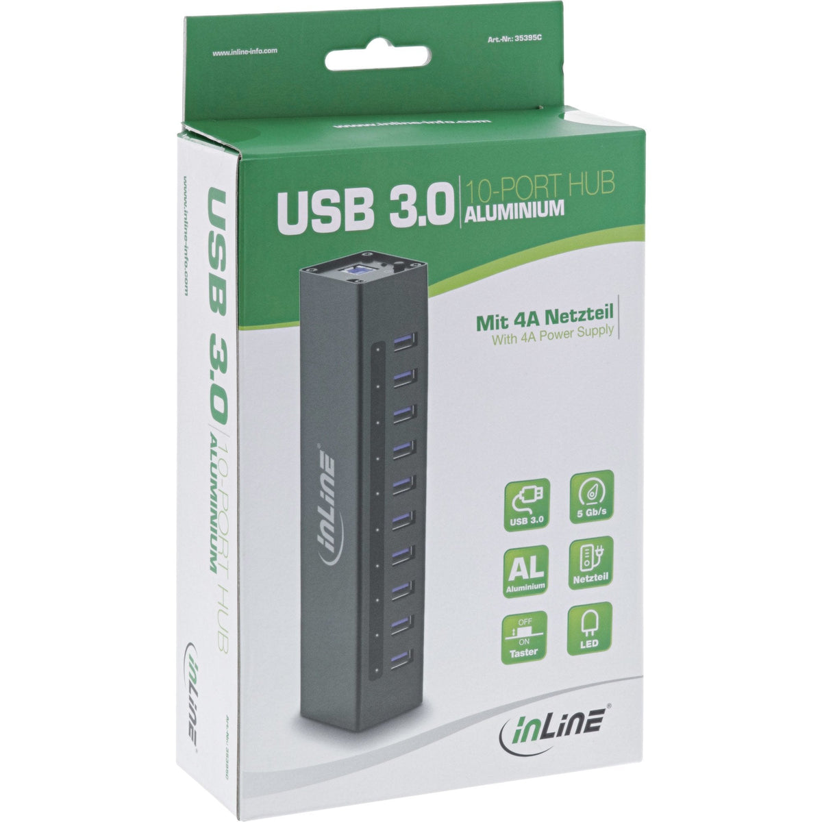 Inline Usb 3.0 Hub De 10 Puertos Caja De Aluminio Con Fuente De Alimentación 4a Negro