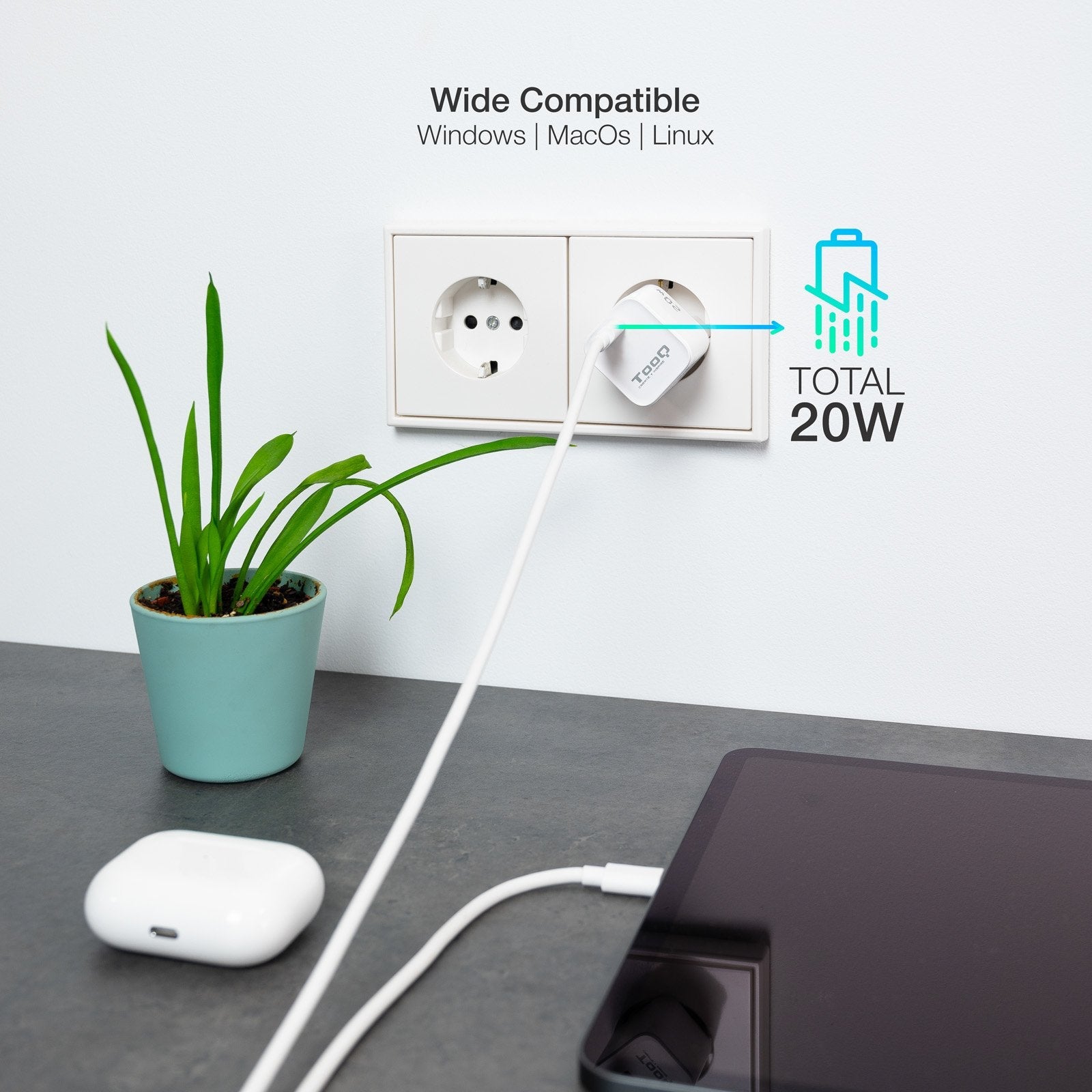 Tooq Cargador De Pared Usb-C/Pd 20w - Blanco