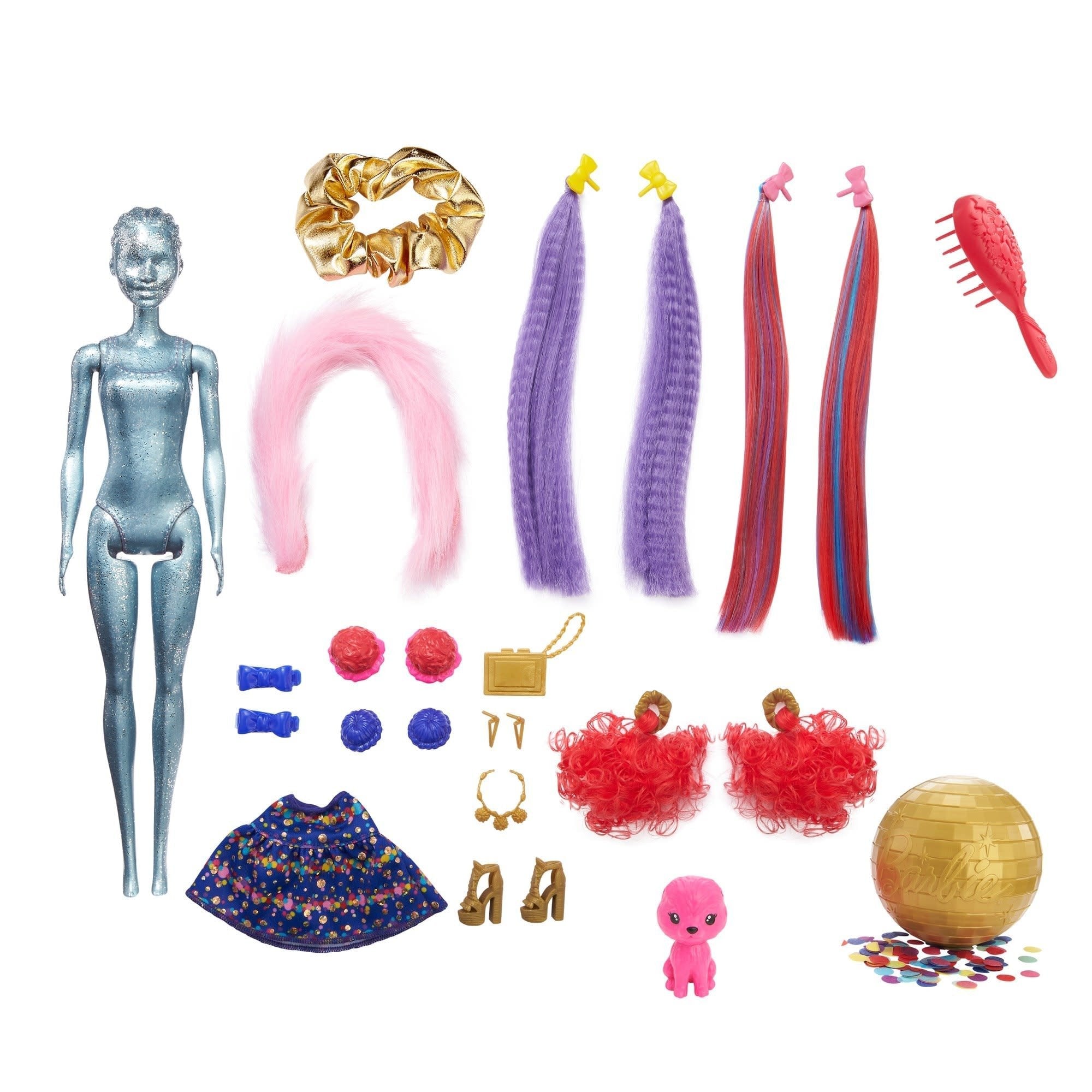 Mattel Barbie Color Revela Brillo! Muñeco Cambio De Pelo Azul Purpurina Con 25 Sorpresas