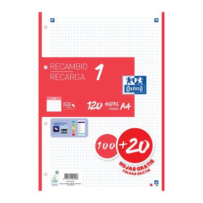 Oxford Recambio 100h + 20h Gratis 4 Taladros A4 90gr 5x5 1 Banda Rojo