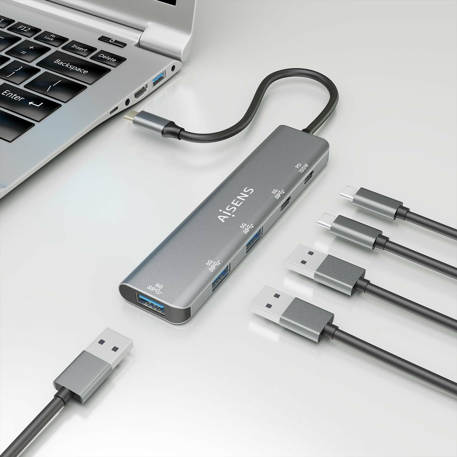 Aisens Hub Usb 3.2 Gen1 5g Usb-C, Usb-C/M-1xusb-C Pd100w/H-1xusb-C/H-3xusb-A/H, Gris, 15cm