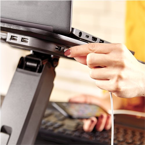 Fellowes Hana Soporte Para Portatil - Sistema De Muelle A Gas - Inclinacion Maxima 95º - 4 Puertos Usb - Base De Aluminio Y Plataforma De Madera - Hasta 29 Pulgadas - Color Negro