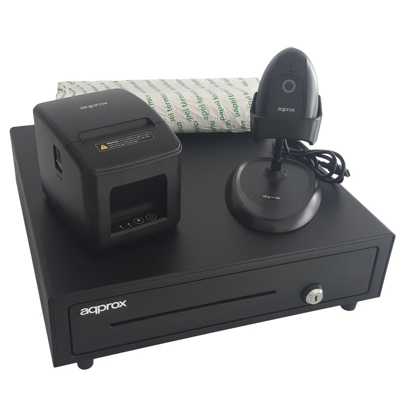 Kit Tpv Approx Cajon Portamonedas Appcash01 Negro + Lector/Scanner  Appls11as+ Impresora Termica Apppos80am-Usb + Pack Rollos Papel Cyt8060bpa