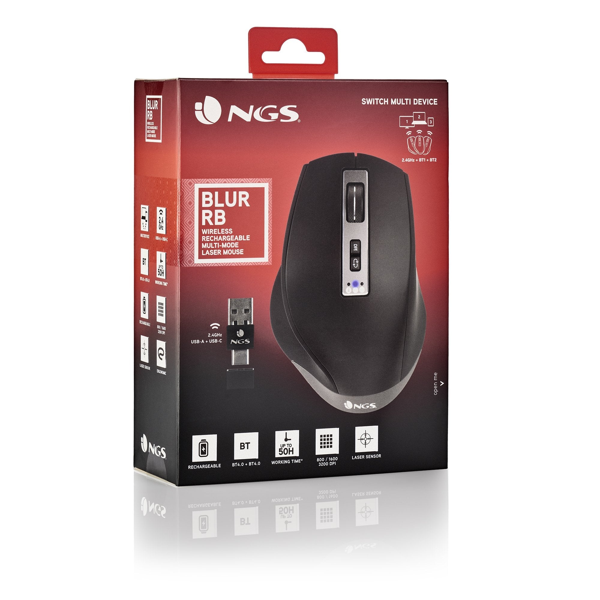 Ratón Ergonómico Inalámbrico Por Bluetooth Ngs Blur-Rb Batería Recargable Hasta 3200 Dpi Negro