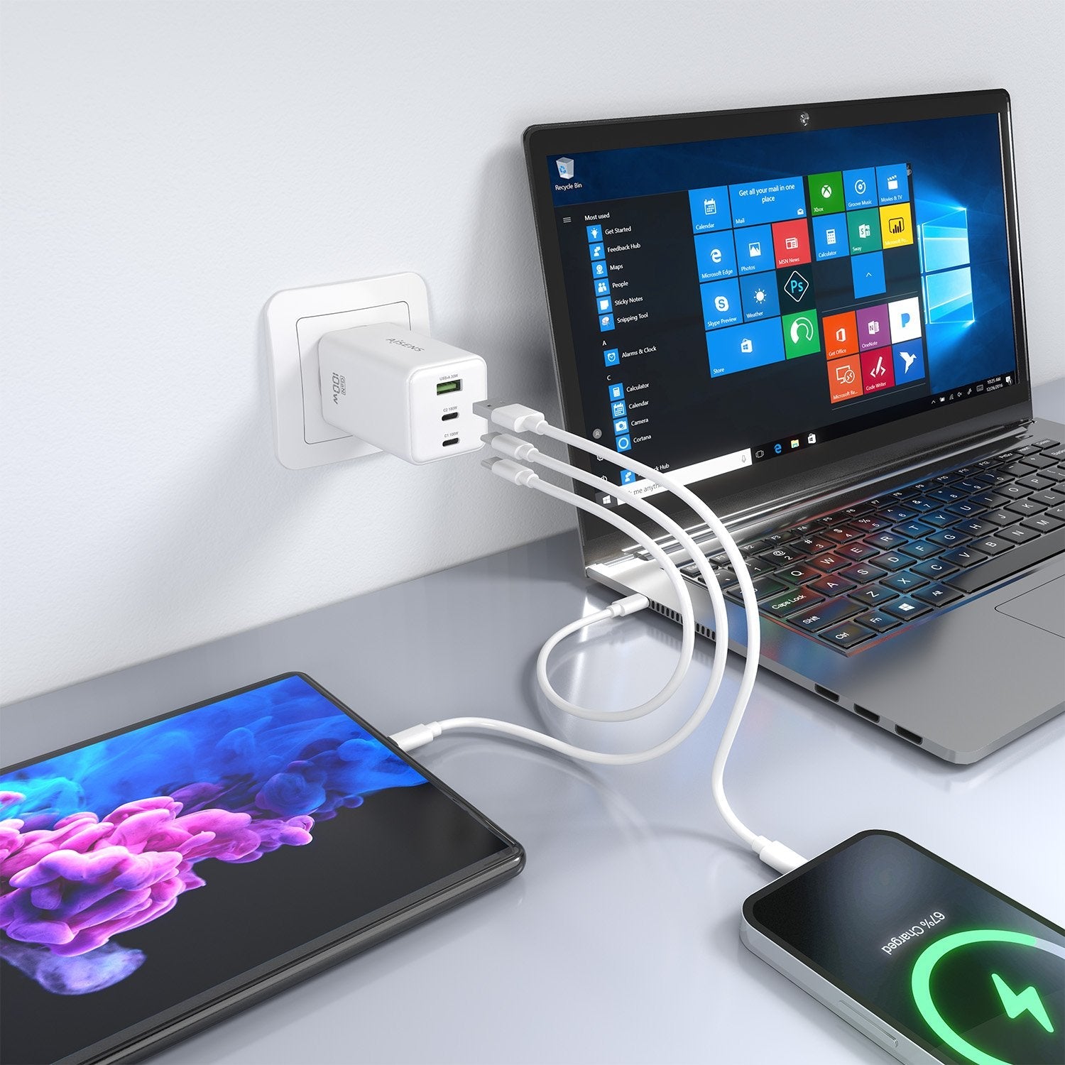 Aisens Cargador Gan 100w, 2xusb-C Pd3.0 Qc4.0 Qc5.0, 1xusb-A Qc3.0, Blanco