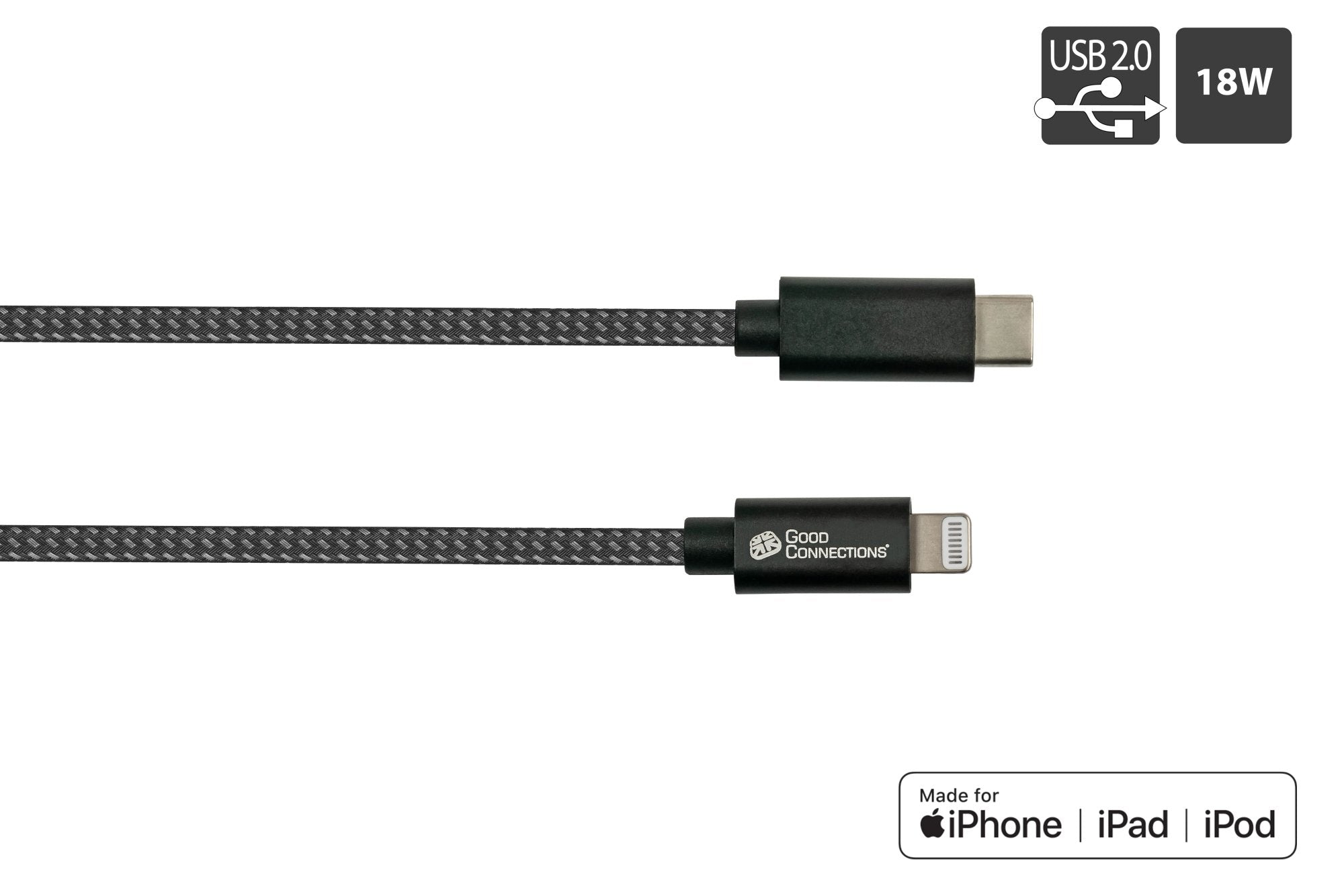 Goodconnections Usb-C 2.0 > Lightning (St-St) 0,5m Ladecable Textilmantel 18w Schwarz