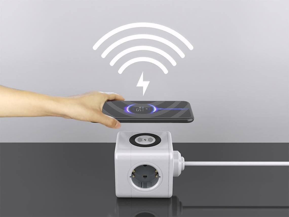 Power Cube With Wireless  Charging, 3 Schuko Outlets, 2