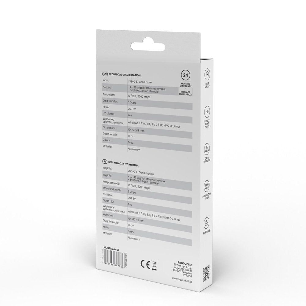 EAN 5901986047766 - Savio AK-57 USB-C - 3 x USB-A HUB with RJ-45 Gigabit Ethernet adapter 5000 Mbit/s grey 2 x USB 3.2 Gen 2  imagen 9