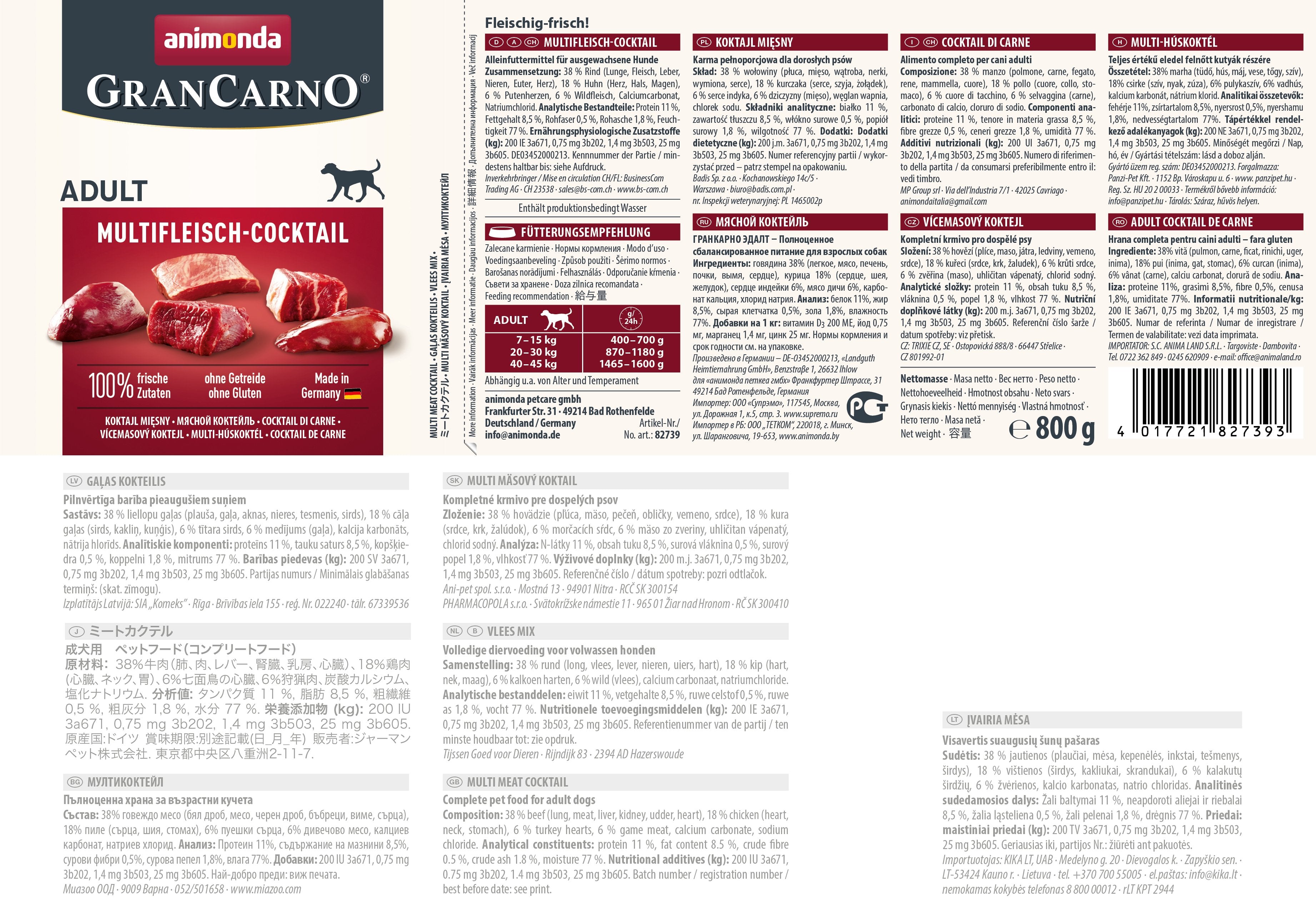 EAN 4017721827393 - animonda GranCarno multi meat cocktail Ternera, Pollo, Caza, Corazón, Pavo Adulto 800 g imagen 2