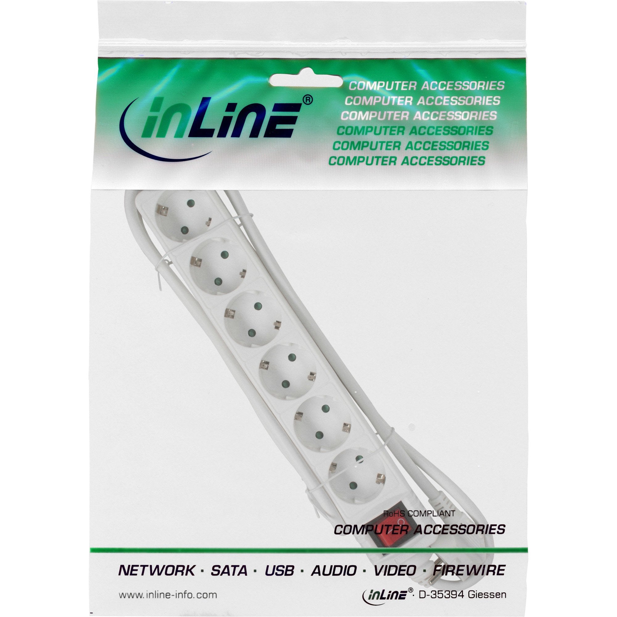 Regleta Inline 6 Puertos 6x Tipo F Con Interruptor Y Seguridad Infantil Blanco 5m