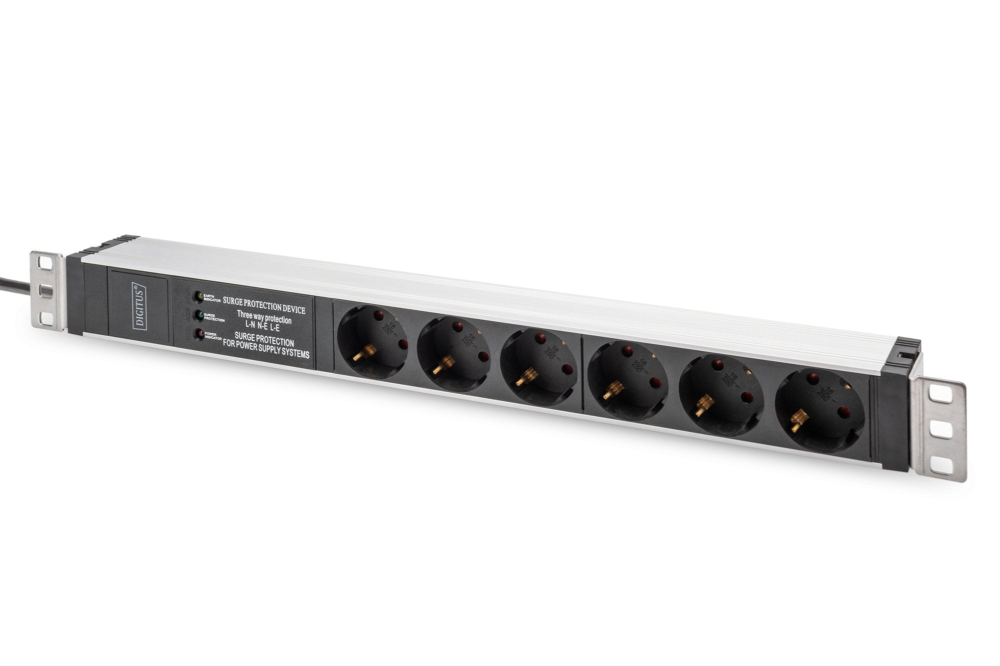 Regleta Aluminio Rack 19"  6 Schuko, Entrada Schuko Cee 7/7 16a 2m 1u Con Proteccion Sobretenciones  Digitus