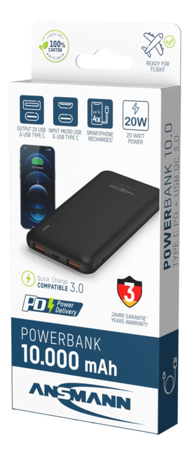 Bateria Ansmann Powerbank 10000 Mah 20w 2 Usb-A Ports, Usb-C Port