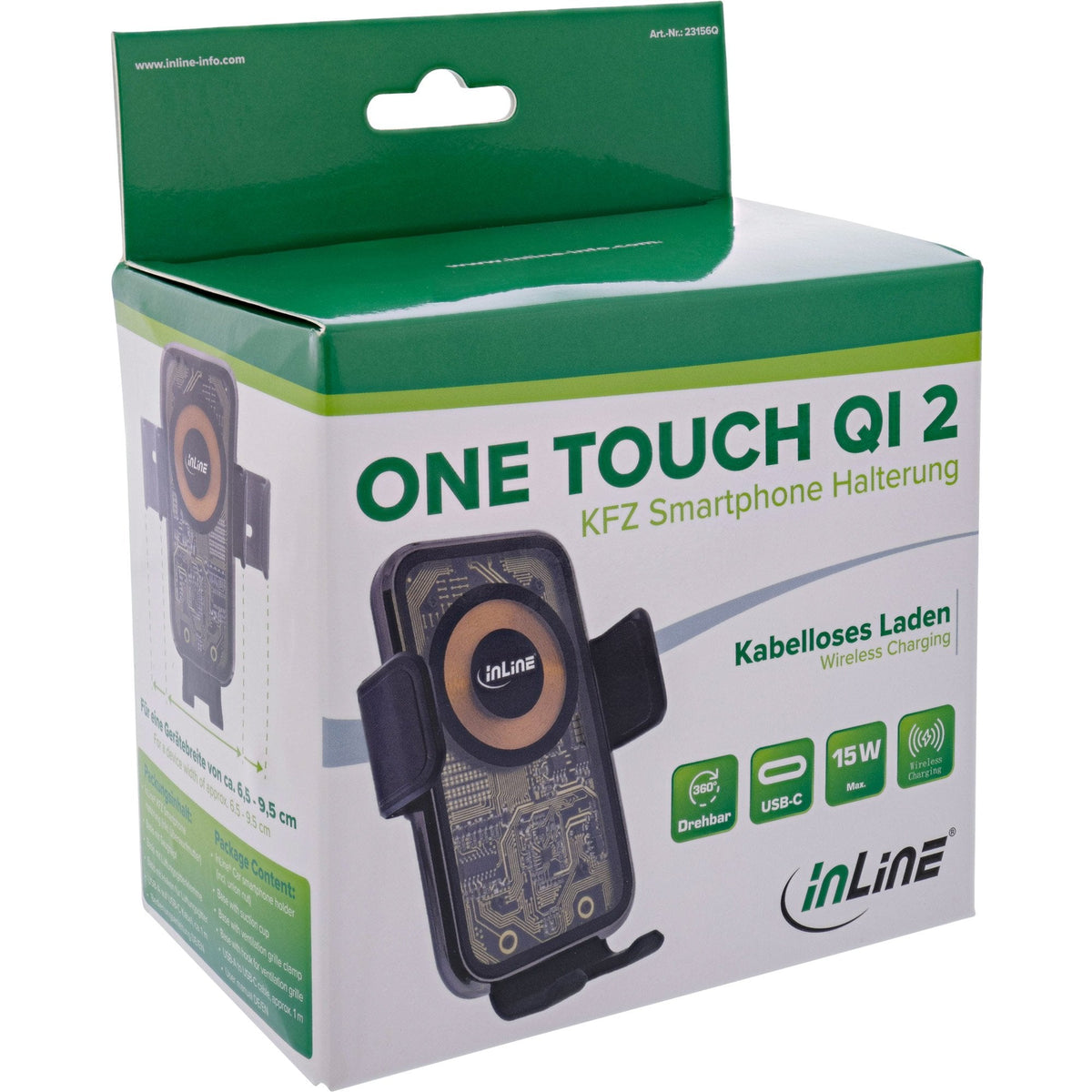 Inline® Car Smartphone Holder, One Touch Qi 2, Universal, Wireless Charger