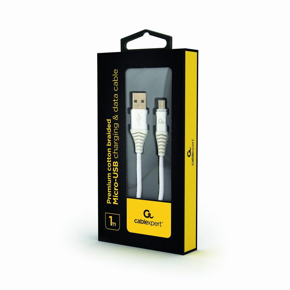 Gembird Cable De Carga Y Datos Micro-Usb Trenzado Premium, 1m, Plata / Blanco