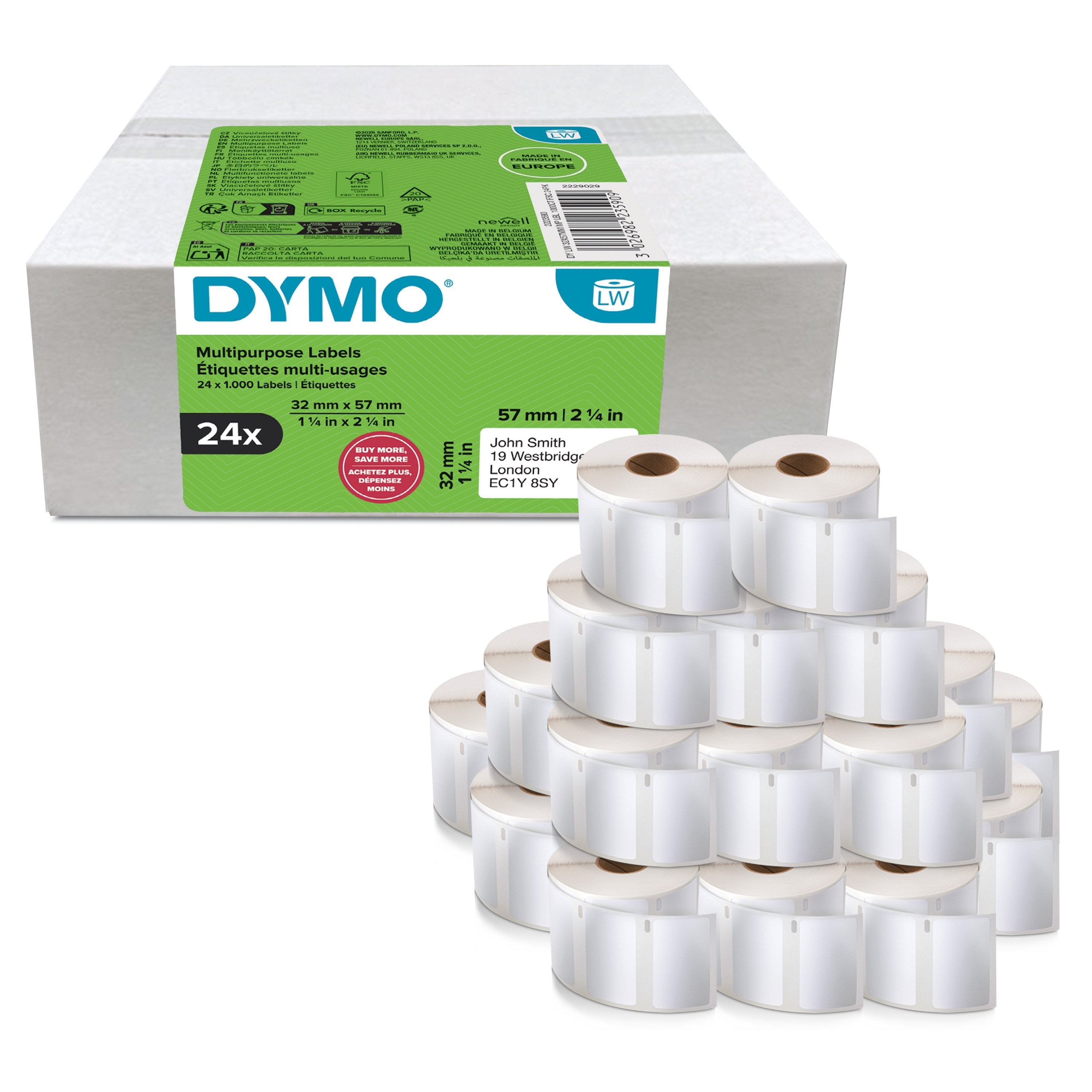 Paquete Económico De Etiquetas Multiusos Dymo Labelwriter Original, 32 X 57 Mm, 24 Rollos Con 1000 Etiquetas Cada Uno 2223590