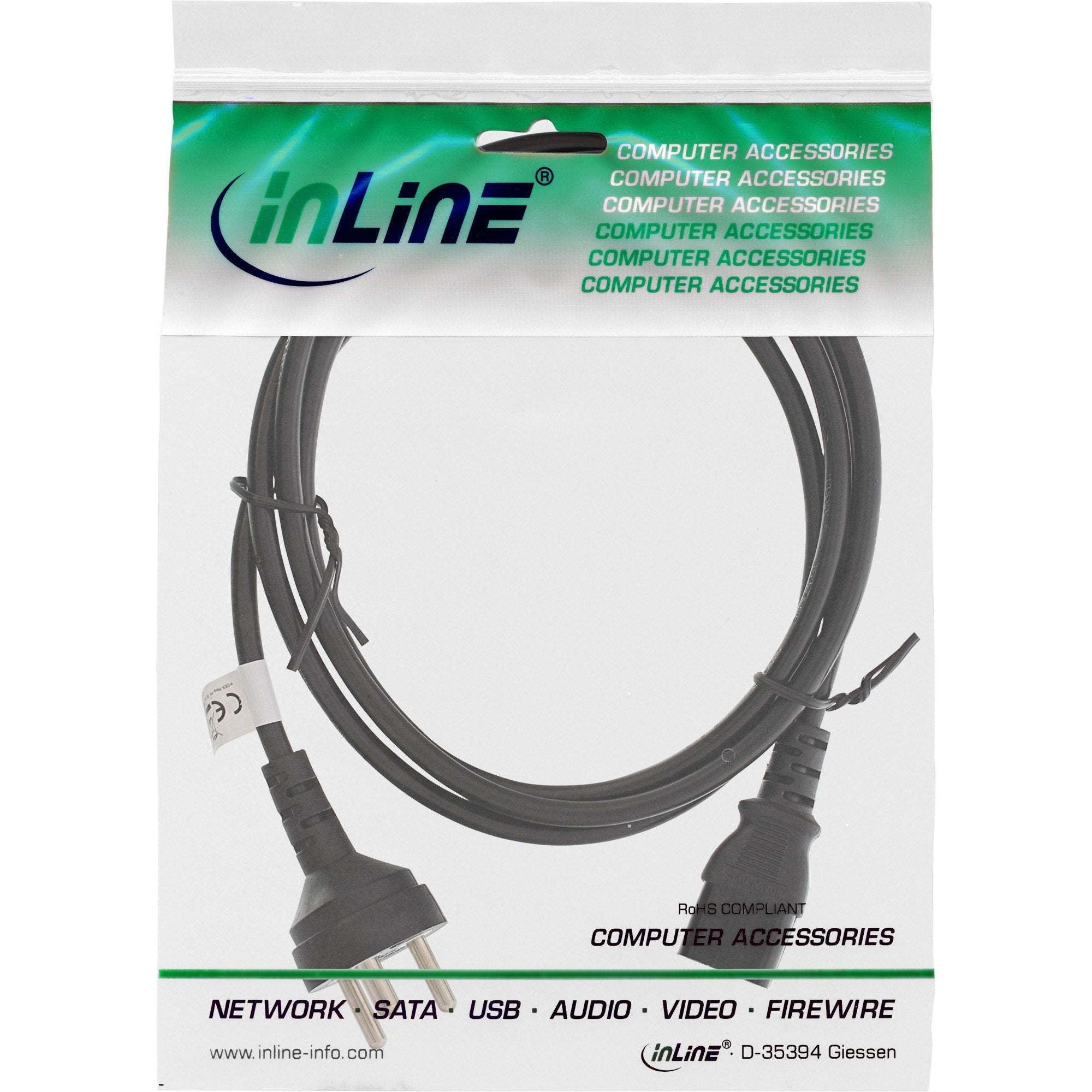 Cable De Alimentación Inline Dinamarca, Negro, H05vv-F, 3x1,00 Mm², 5 M