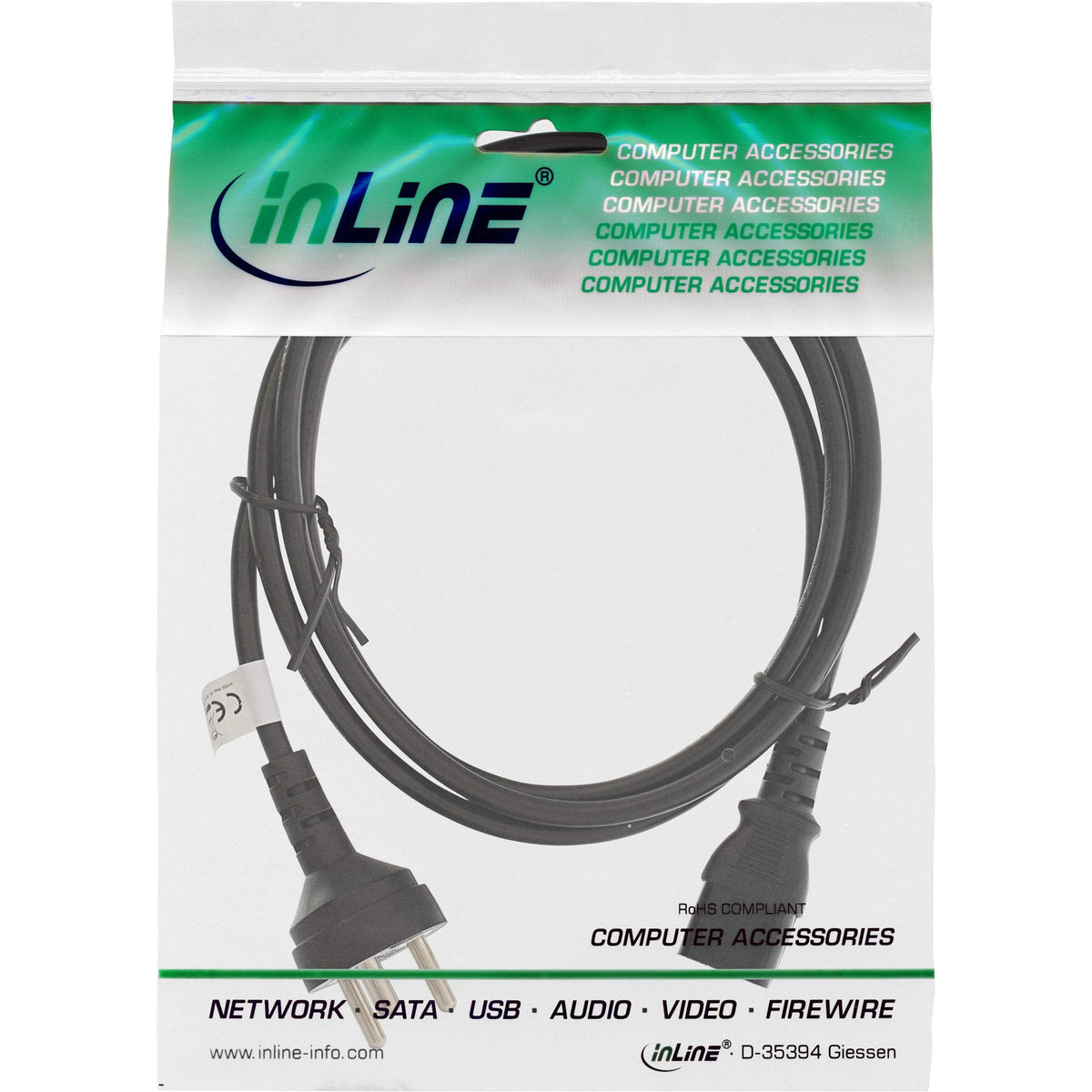 Cable De Alimentación Inline Macho Dinamarca Tipo K A Conector Iec C13 1,8 M