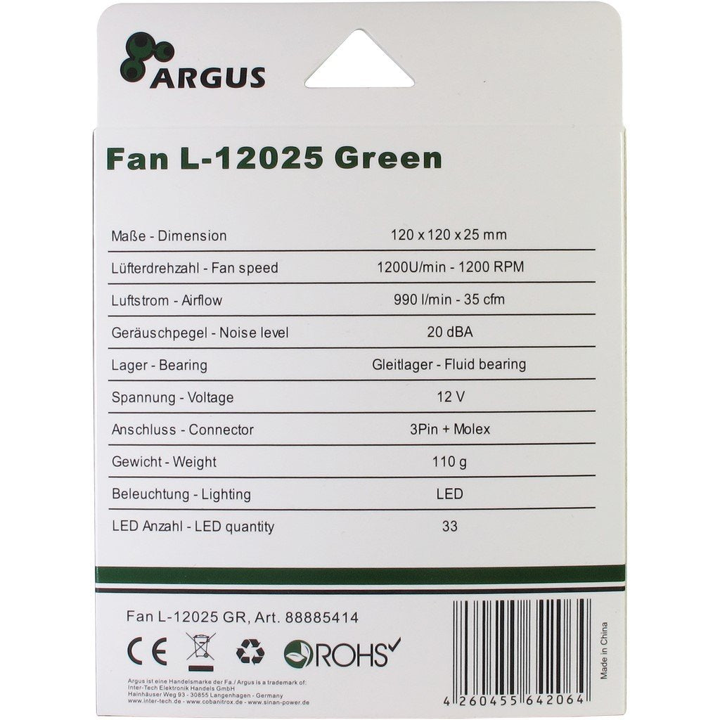 Inter-Tech L-12025 Carcasa Del Ordenador Ventilador 12 Cm Negro, Verde