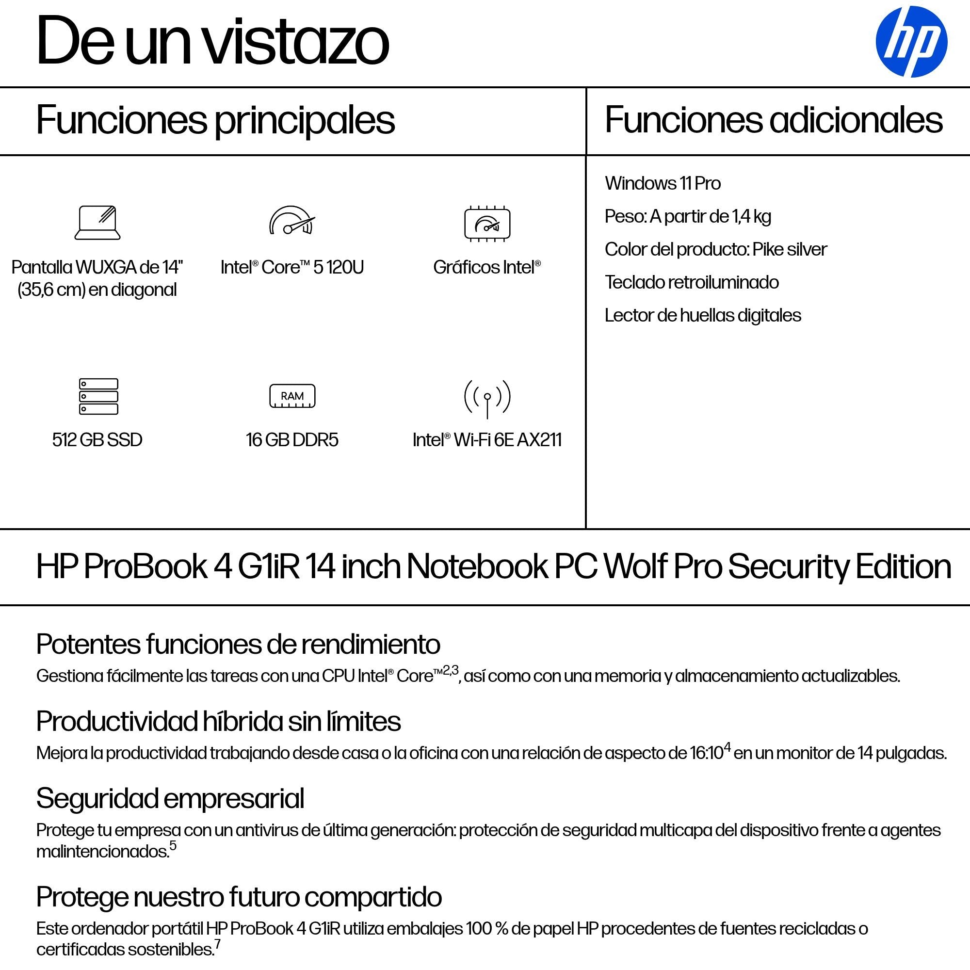 EAN 0199251735240 - HP ProBook 4 G1iR Wolf Pro Security Edition Intel Core 5 120U Portátil 35,6 cm (14") WUXGA 16 GB DDR5-SDR imagen 4