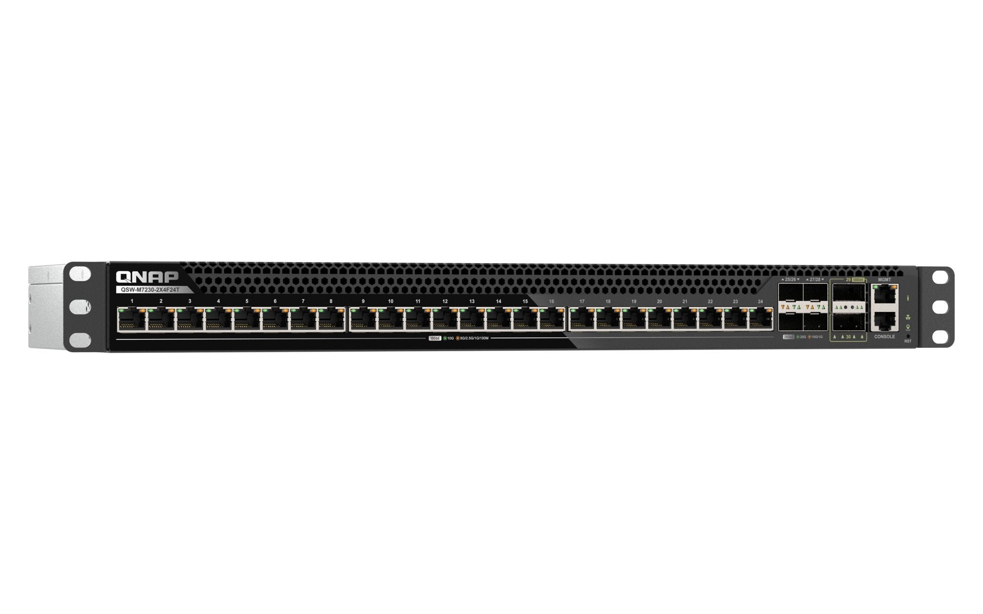 Qnap Qsw-M7230-2x4f24t Conmutador 2 X 100 Gigabit Qsfp28 + 4 X 25 Gigabit Sfp28 Montable En Rack Para Qnap Cab-Dac50m-Sfpp Trx-10gitsfpp-Sr Trx-25gsfp28-Sr