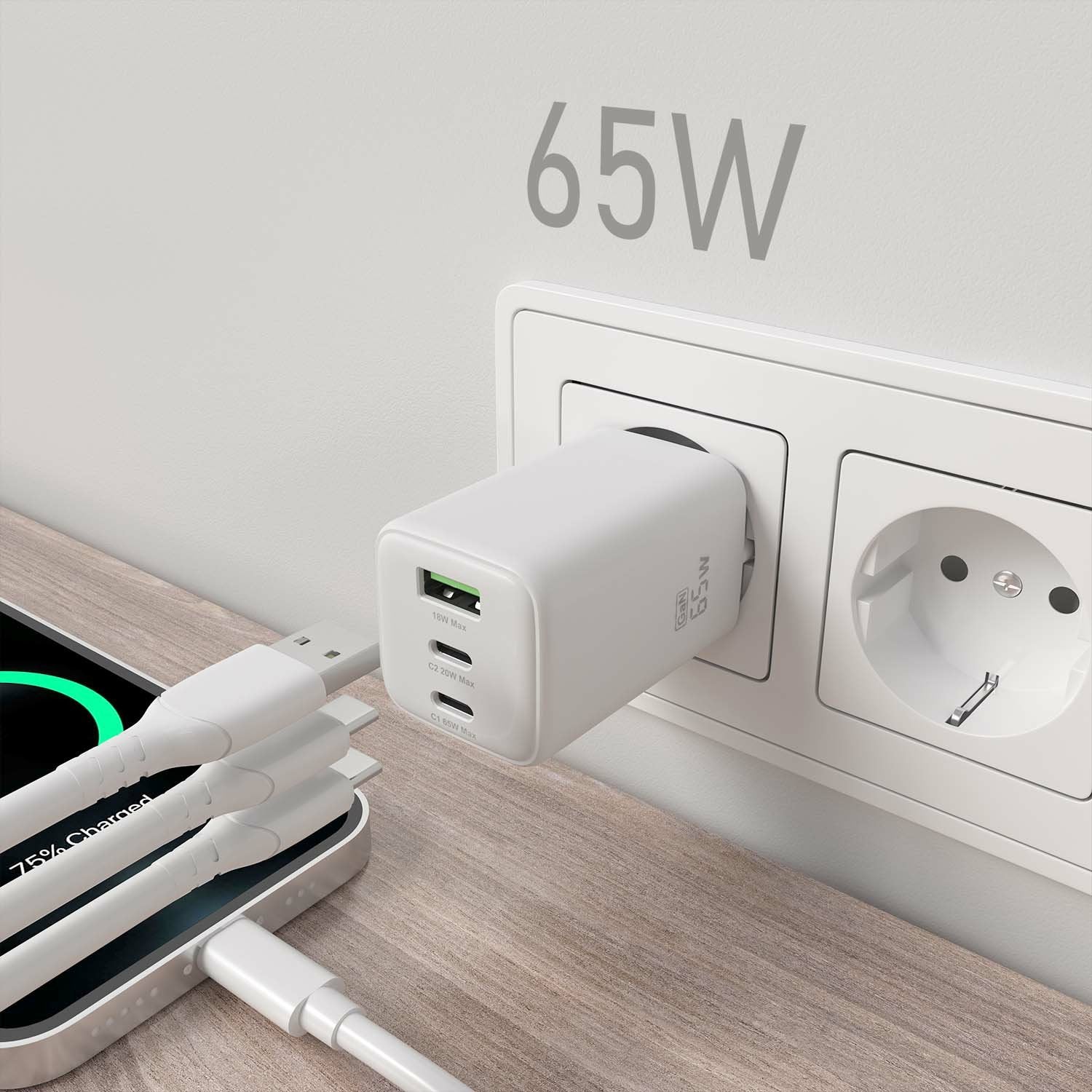 Aisens Cargador Gan 65w, 2xusb-C Pd3.0 Qc4.0, 1xusb-A Qc3.0, Blanco