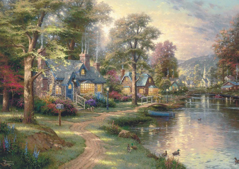 Schmidt Spiele Rompecabezas De Madera Estudios Thomas Kinkade: Pueblo Junto Al Lago (1000 Piezas)