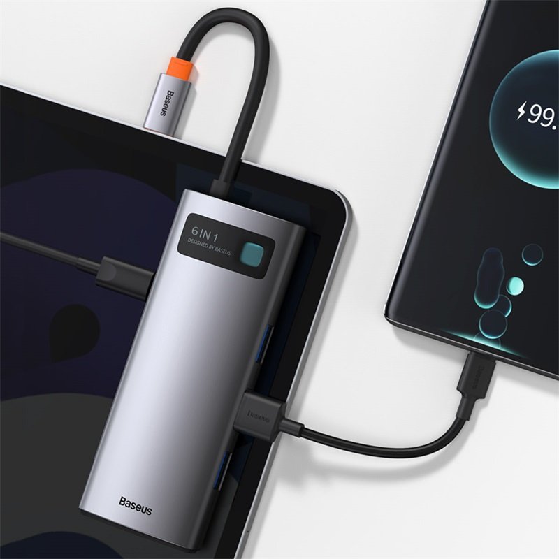 Hub 6w1 Baseus Metal Gleam Series, Usb-C Do 3x Usb 3.0 + Hdmi + Usb-C Pd + Ethernet Rj45