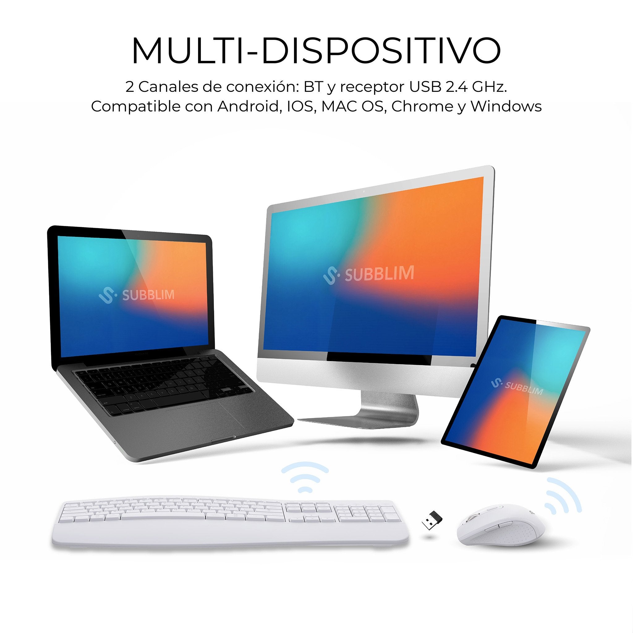 Combo Teclado Raton Subblim Prowave Inalamb Ergo Blanco