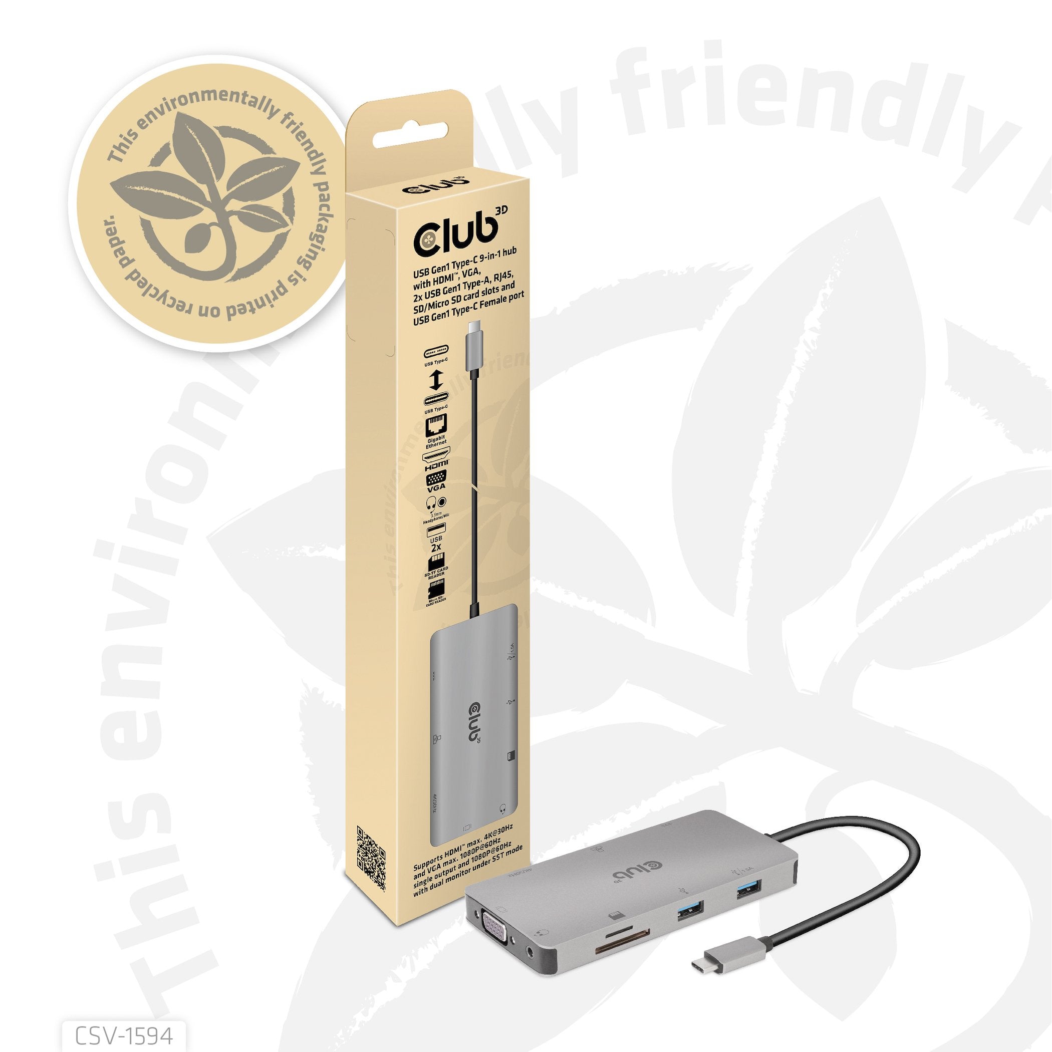 Club3d Usb-9-In1-Hub Usb-C > Hdmi/Vga/2xusb/Usb-C/Rj45/Sd Retail